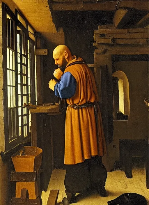 Image similar to A bald blacksmith, with a long dark beard in a forge, medieval forge, medieval painting by Jan van Eyck, Johannes Vermeer, Florence