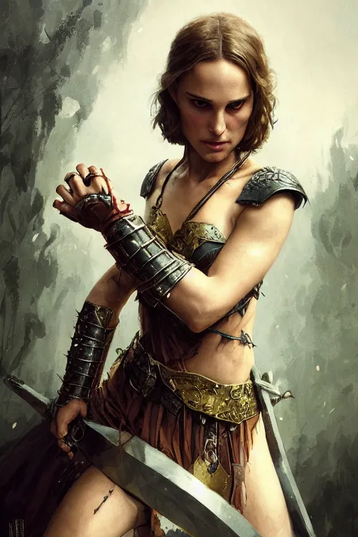 Image similar to natalie portman, legendary warrior, heroic, lord of the rings, tattoos, decorative ornaments, battle armor, by carl spitzweg, ismail inceoglu, vdragan bibin, hans thoma, greg rutkowski, alexandros pyromallis, perfect face, fine details, realistic shading photorealism