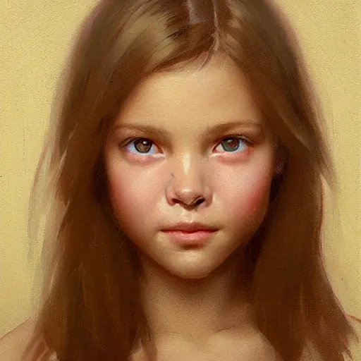 Prompt: Facial portrait of a pretty young cute girl, looking at the camera, slight awkward smile, lips slightly parted, no hands visible, extremely detailed painting by Greg Rutkowski and by Henry Justice Ford and by Steve Henderson