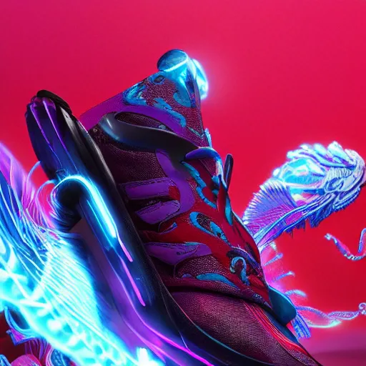 Image similar to sneakers shoe design inspired by a chinese dragon, unreal engine, octane render, cinematic backdrop, ethereal lighting, visually stunning, inspiring, ray tracing, in the style of james jean