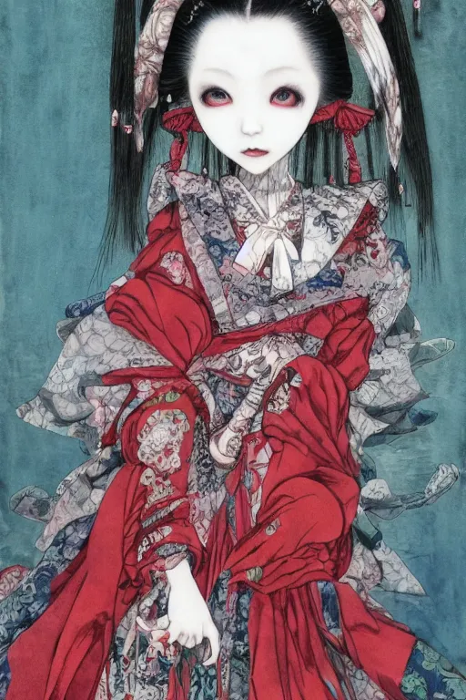 Image similar to watercolor painting of an avant - garde japanese bjd geisha vampire queen in a victorian lolita fashion red dress in the style of lovecraftian horror painted by yoshitaka amano, takato yamamoto, ayami kojima, dmt art, symmetrical vogue face portrait, intricate detail, artstation, cgsociety, artgerm, rococo