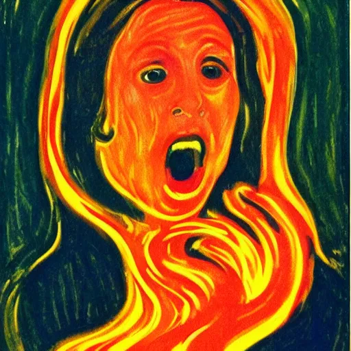 Prompt: the mona lisa screaming with hair on fire by edvard munch