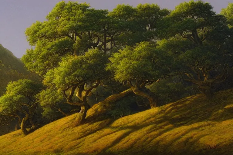 Image similar to masterpiece painting of oak trees on a hillside overlooking a creek, dramatic lighting, by john howe