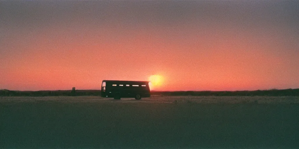 Image similar to an infinitely long greyhound bus never ending, sunset, eerie vibe, leica, 2 4 mm lens, cinematic screenshot from the 2 0 0 1 surrealist film directed by charlie kaufman, kodak color film stock, f / 2 2, 2 4 mm wide angle anamorphic