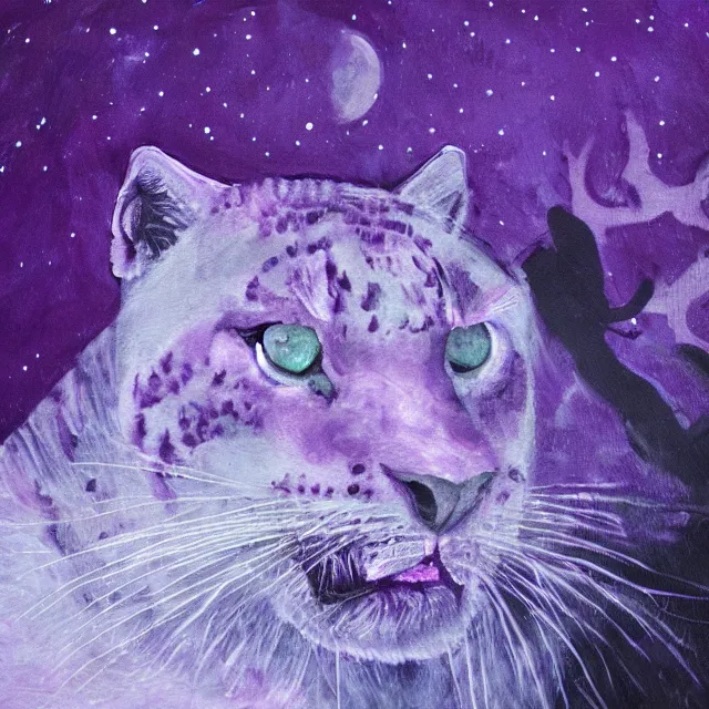 Image similar to closeup of a purple panther roaring at the moon in the forest. night. large moon in the center. cinematic. oil painting. concept art