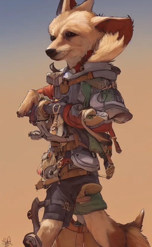 Image similar to stylized 3 / 4 portrait concept art of the anthro anthropomorphic dingo dog head animal person fursona wearing clothes adventurer standing in australia outback, hidari, color page, tankoban, 4 k, tone mapping, akihiko yoshida