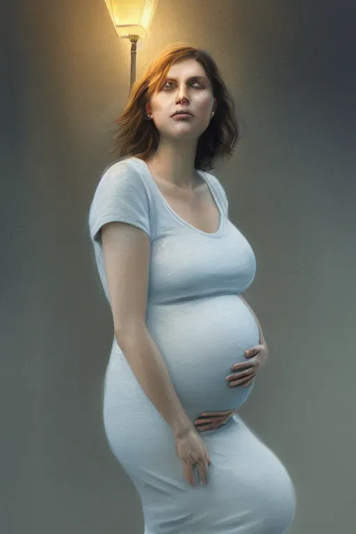 Image similar to full-length portrait of pregnant woman under street light, highly detailed, sharp focused, ultra realistic digital concept art by Alyssa Monks, Charlie Bowater