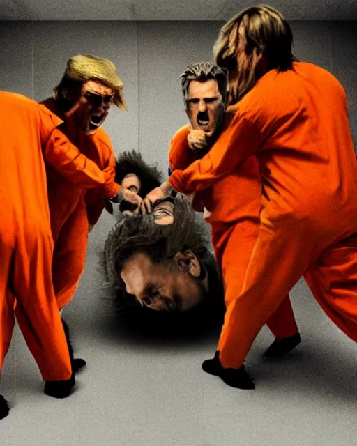 Image similar to Medium shot photo of eagles biting Donald Trumps head in jail, wearing orange pajamas, octane, dramatic lighting, editorial photo, 35mm, very detailed