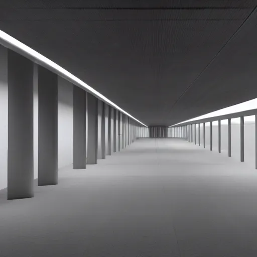 Image similar to a parking garage filled with lots of parking lights, a digital rendering by tadao ando, cg society, brutalism, vray tracing, vray, volumetric lighting