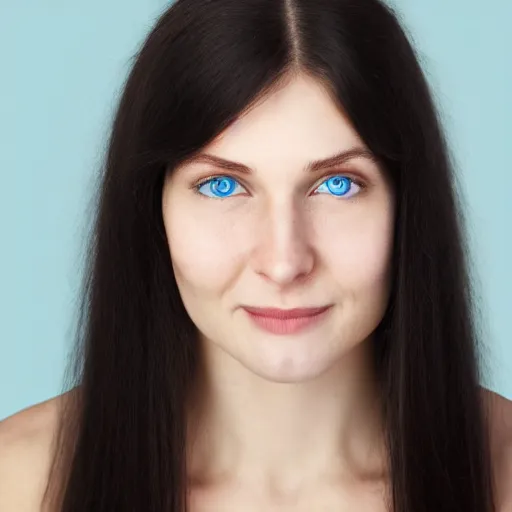 Image similar to mugshot of an smiling beautiful caucasian woman with long black hair, hooked nose, with light blue eyes and pale skin, high definition, 4k