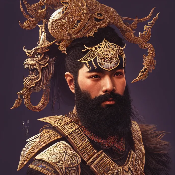 Image similar to symmetry! portrait of a bearded warrior, face decorated with chinese opera motifs, leds horizon zero dawn machine, intricate, elegant, highly detailed, digital painting, artstation, concept art, smooth, sharp focus, illustration, art by artgerm and greg rutkowski and alphonse mucha, 8 k