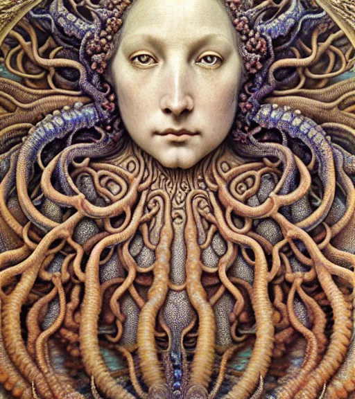Image similar to detailed realistic beautiful coral reef goddess face portrait by jean delville, gustave dore, iris van herpen and marco mazzoni, art forms of nature by ernst haeckel, art nouveau, symbolist, visionary, gothic, neo - gothic, pre - raphaelite, fractal lace, intricate alien botanicals, ai biodiversity, surreality, hyperdetailed ultrasharp octane render