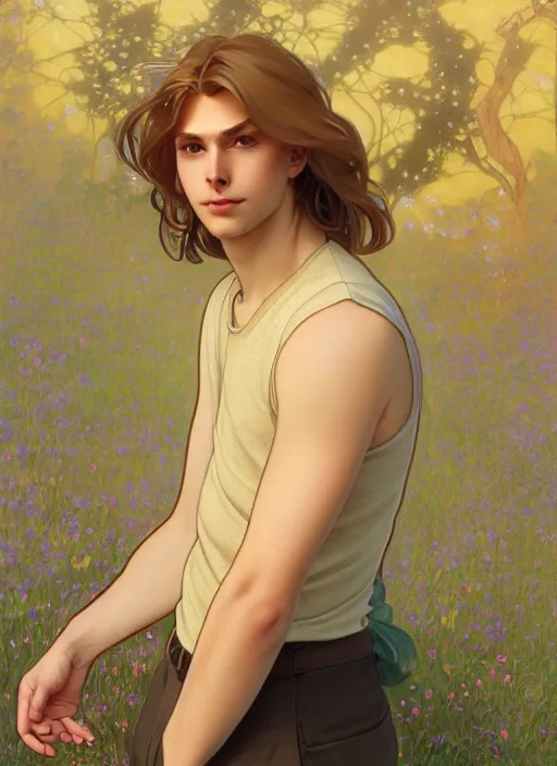 Image similar to pretty young man with shoulder length shiny shimmering golden blond hair, half body shot, path traced, highly detailed, high quality, digital painting, by studio ghibli and alphonse mucha, leesha hannigan, hidari, disney