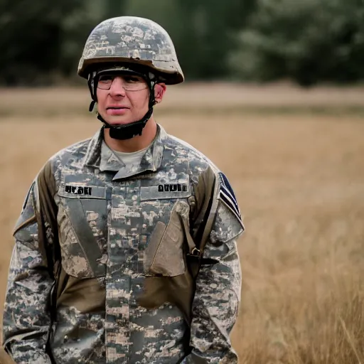 Image similar to Fox dressed in a modern American soldier uniform with a helmet, 85mm f/1.4