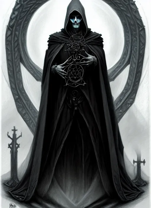 Image similar to pencil sketch of the necromancer, wearing a black cloak, by peter mohrbacher, hyper detailed, crisp