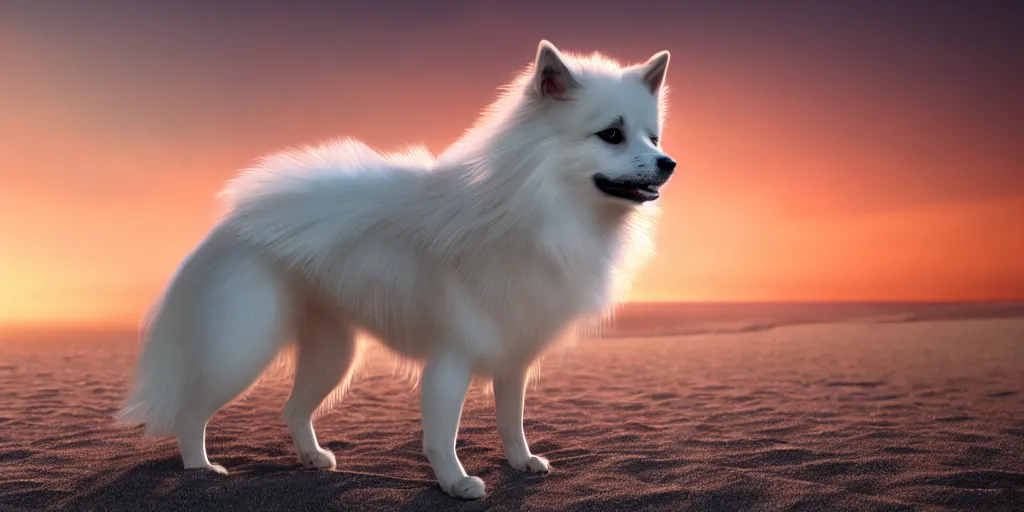 Prompt: a closeup photorealistic photograph of a cyborg japanese spitz on the beach at sunset. part dog part machine, pipes and wires glowing eyes. this 4 k hd image is trending on artstation, featured on behance, well - rendered, extra crisp, features intricate detail and the style of unreal engine. golden hour