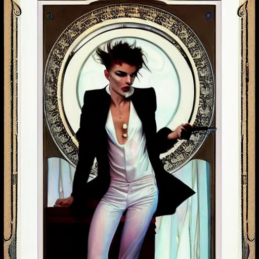 Image similar to beautiful portrait of androgynous ruby rose as desire from sandman in a white tuxedo!!!, rockabilly style, by alphonse mucha, cedric peyravernay, by jeremy mann, by frank moth, white suit and black tie, smoking cigarette, soft lightning, high detailed, 8 k