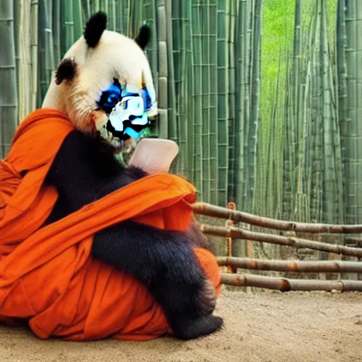 Image similar to a high quality photo of a panda monk, wearing orange clothes, meditating, sitting in front of a temple. bamboo forest in the background.