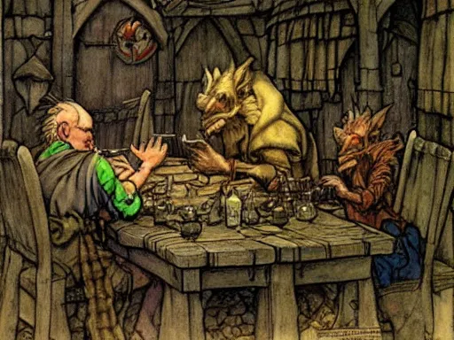 Image similar to goblins in a tavern by arthur rackham and by Tony DiTerlizzi and by brian froud, trending on artstation, detailed