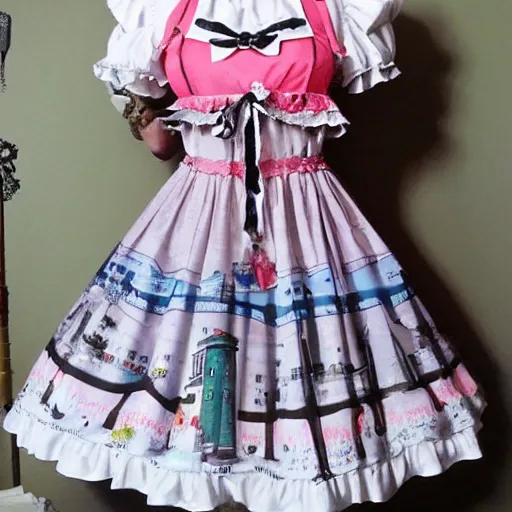 Image similar to A lolita dress with pictures of windmills on it. A beautiful lolita dress, Angelic Pretty