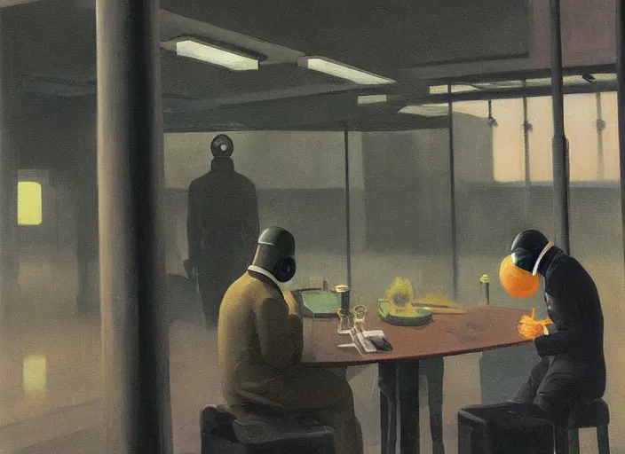 Prompt: spherical people kissing in gas masks at flooded restaurant Edward Hopper and James Gilleard, Zdzislaw Beksinski highly detailed