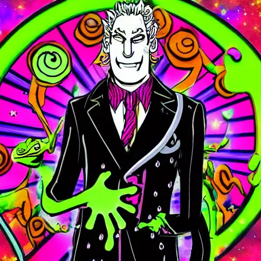 Prompt: yoshikage kira as a frog reverting time, 8 k, trippy, cosmic, time, stand