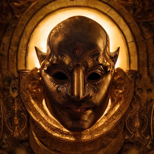 Image similar to venetian mask evil face portrait, ancient greece, atmospheric lighting, painted, intricate, volumetric lighting, beautiful, rich deep colours masterpiece, golden hour, sharp focus, ultra detailed, by leesha hannigan, ross tran, thierry doizon, kai carpenter, ignacio fernandez rios