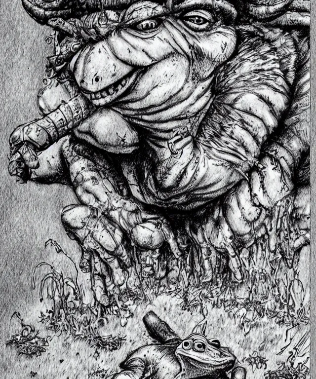 Image similar to frog boy farmer finds the clown crown in the dirt, clown crown, moment of destiny, artwork by Kentaro Miura