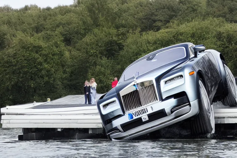 Image similar to Teenagers push Rolls-Royce into lake with their hands from a small slide wanting to drown him