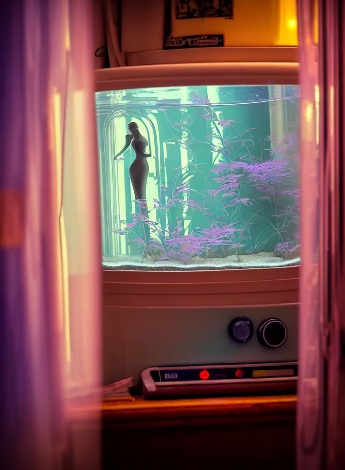 Image similar to telephoto 7 0 mm f / 2. 8 iso 2 0 0 photograph depicting the feeling of chrysalism in a cosy safe cluttered french sci - fi ( art nouveau ) cyberpunk apartment in a pastel dreamstate art cinema style. ( typing ) ( ( fish tank ) ), ambient light.