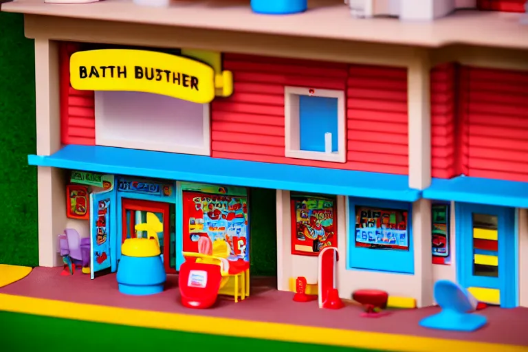 Image similar to fisher price bathhouse, california scene from tv show hyper detailed 5 5 mm 8 5 mm, toy photography, made out of plastic