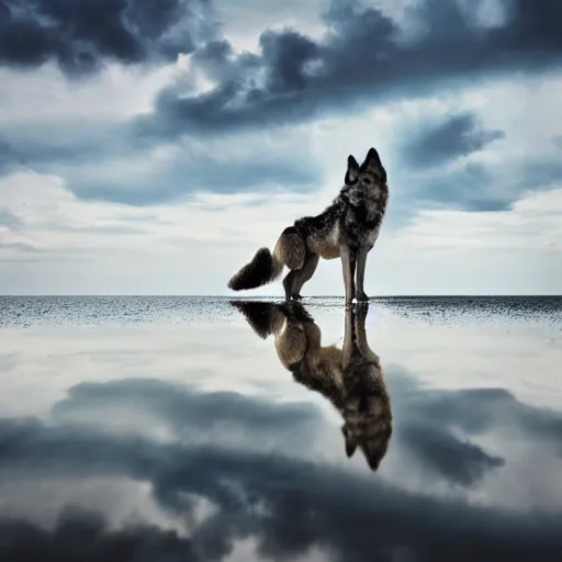 Prompt: professional photograph of a wolf standing on an island, blue clouds, highly detailed, high quality, HD, 8K