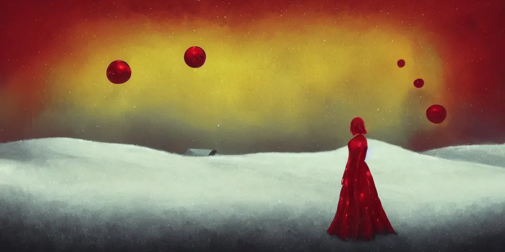 Prompt: surreal snow landscape, woman in gold dress with red hair crawling in red liquid, black antimatter blobs, floating golden orbs, red sky, concept art, artstation, painting by anato finnstark,