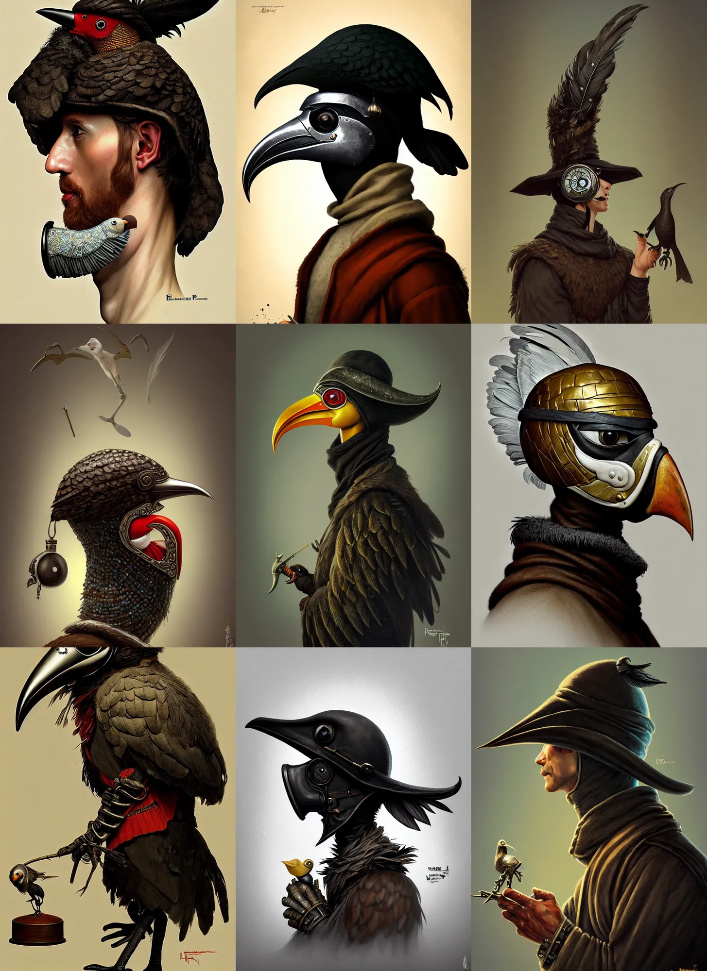 Prompt: rpg! profile!! portrait of humanoid bird on white background, beak, feathers, plague doctor, plastic doll, toy, intricate, highly detailed, digital painting, artstation, concept art, smooth, sharp focus, illustration, art by norman rockwell emiliano ponzi andrey remnev yoann lossel aaron jasinski, 8 k