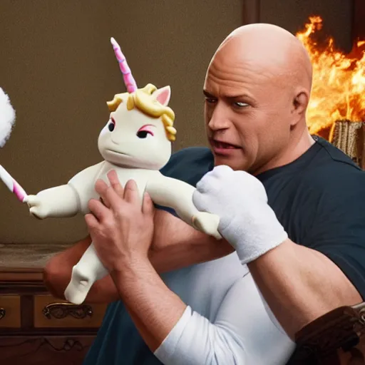 Image similar to Mr. clean riding a chubby balding blond guy and holding a unicorn toy, highly detailed, epic fantasy, film still, best shot, very long shot, 8K Imax