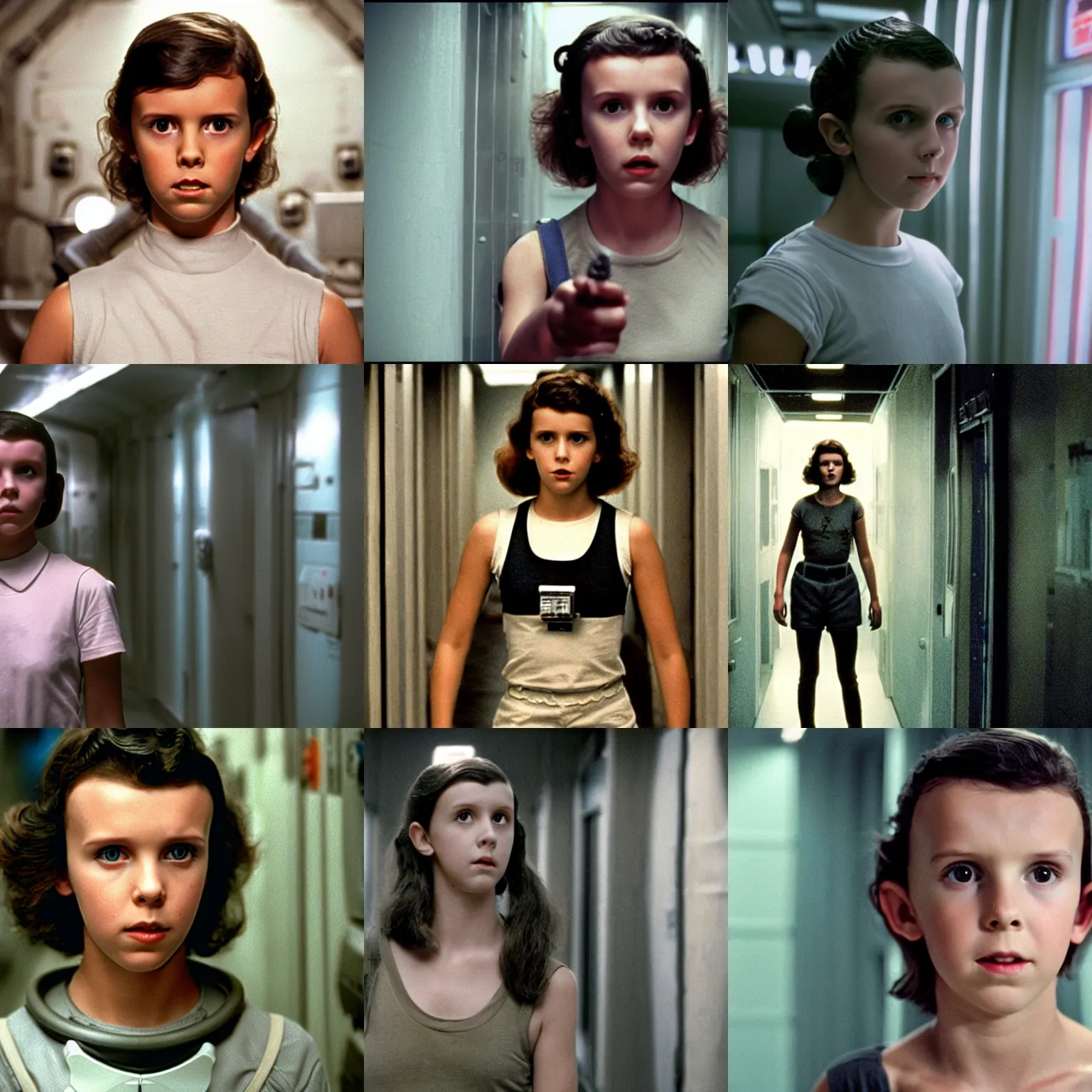 Prompt: Eleven/Millie Bobbie Brown as Ripley from Alien (1979), in a sci-fi corridor, wearing a sleeveless shirt