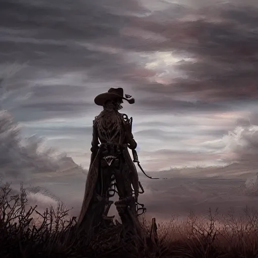 Prompt: a wounded skeleton cowboy in a long coat watching a sunset, concept art, DeviantArt, art station, illustration, highly detailed, artwork, cinematic, hyper realistic