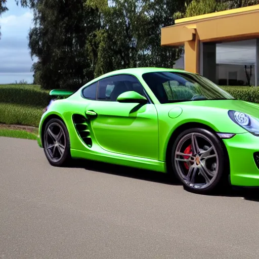 Prompt: a peridot green 2 0 1 1 porsche cayman r driving, 4 k