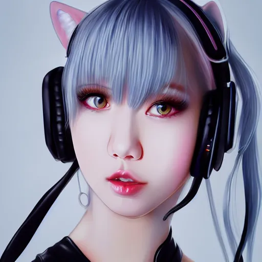 Image similar to realistic detailed semirealism beautiful gorgeous cute Blackpink Lalisa Manoban white hair white cat ears blue eyes, wearing black camisole maid outfit, headphones, black leather choker full HD 4K high resolution quality WLOP, Aztodio, Taejune Kim, Guweiz, Pixiv, Instagram, Artstation