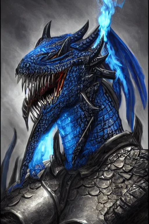 Image similar to a dark blue dragonborn with large tusks, half of his face flaming with blue flame, he wears a black dragon scales armor, art