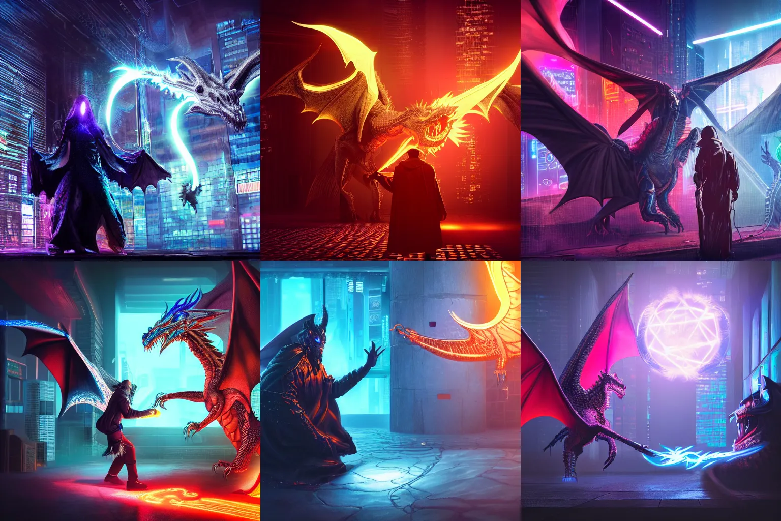 Prompt: cyberpunk wizard summoning a dragon, fine detail, 4 k, neon lighting, realistic shadows