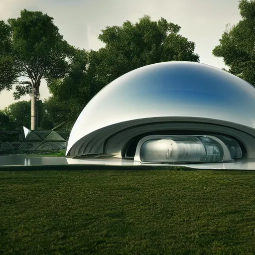 Prompt: a futuristic glass dome house designed by zaha hadid, futuristic city background, clouds, octane render, ray tracing