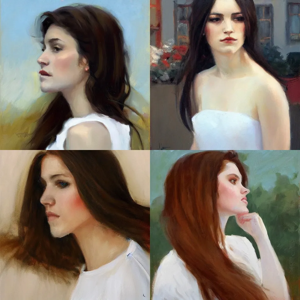 Prompt: girl with long hair, profile, white dress, by john larriva