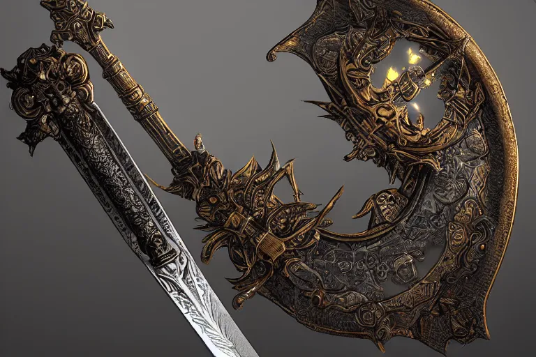 Image similar to magical artifact, sword, intricate, artstation, dramatic lighting