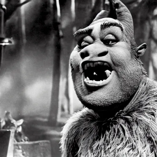 Prompt: film still of Shrek as a werewolf in The Wolf Man 1941