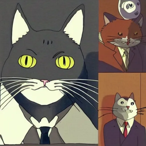 Image similar to “ angry cat wearing a suit riding a bike, studio ghibli, spirited away, anime, by hayao miyazaki ”