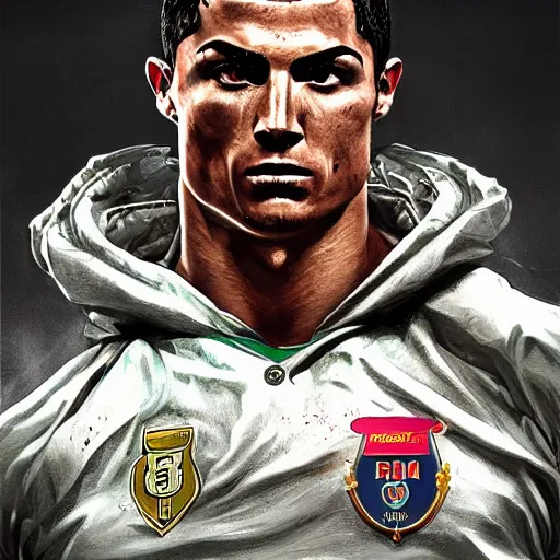 Prompt: Cristiano Ronaldo as the persona of the game DOOM highly detailed character in digital fantasy, painted portrait, artstation, concept art, hard focus, illustrations, works by Artgerm and Greg Rutkowski, Alphonse Mucha and Craig Mullins, James Gene, Andrey Ryabovichev, Mark Simonetti and Peter Morbacher, 16 thousand - n 6