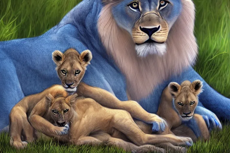 Image similar to beautiful aesthetic digital illustration of a blue-furred lioness with a litter of baby cubs by Lisa Parker and Anne Stokes, deviantArt, artstation, trending on artstation