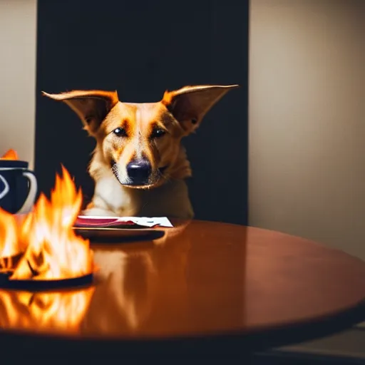 Image similar to a photograph of an humanlike relaxed dog in his house, sitting at a table, ☕ on the table, surrounded by flames, room is on fire, smoke under the ceiling