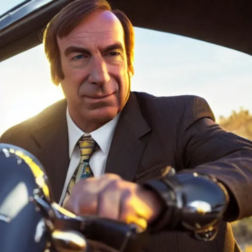 Prompt: A photo of Saul Goodman riding a motorcycle, highly detailed, 4k